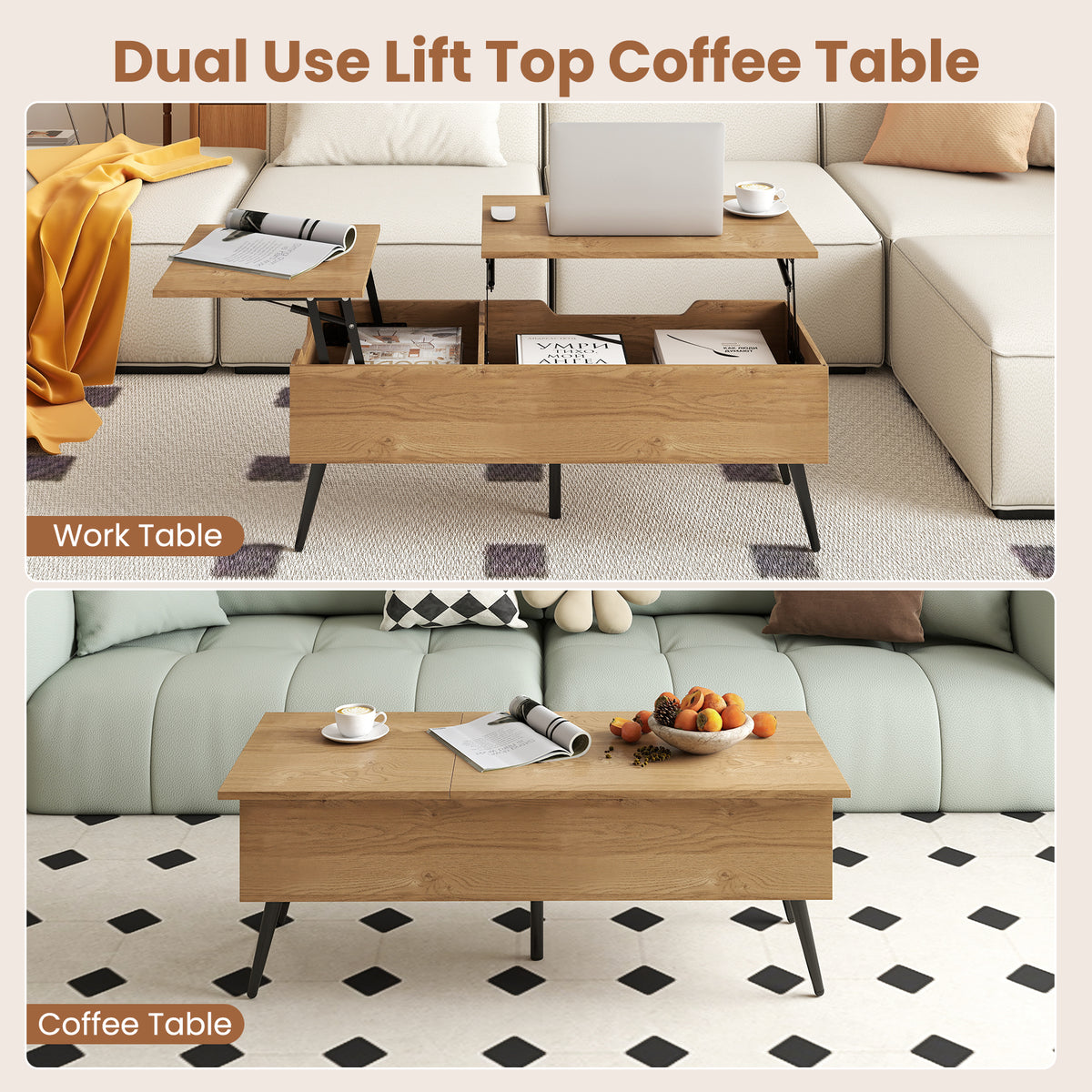 Heavy-Duty Metal Frame Tea Table Center Table w/Hidden Compartments