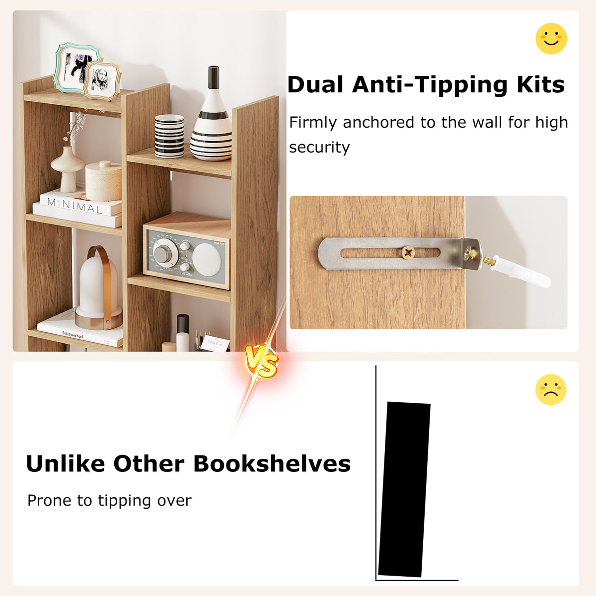 Bookshelf 2-Tier Bookcase w/ Anti-Tipping Kits