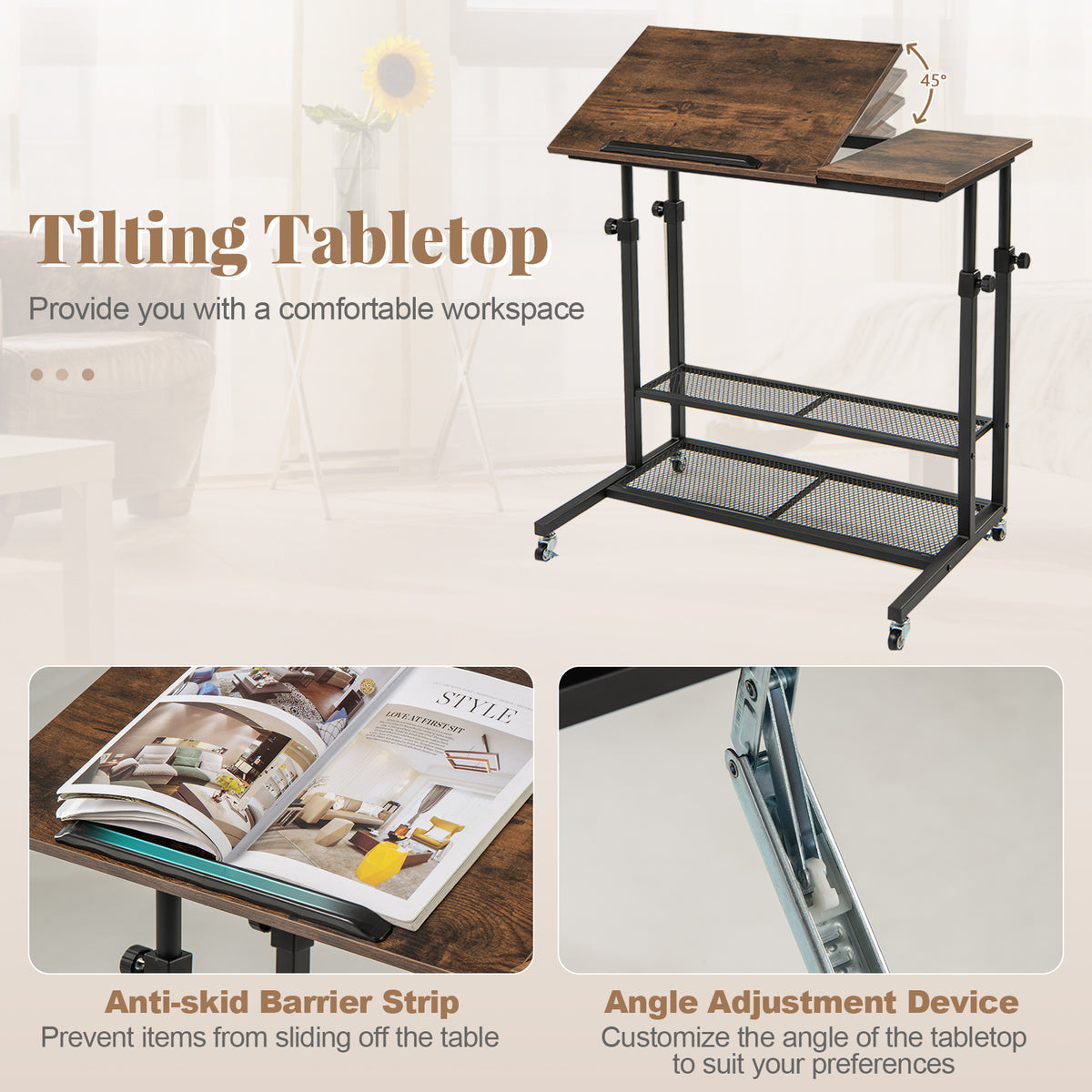 Mobile Stand up Desk, Height Adjustable Sit Stand Desk w/ Tilting Tabletop
