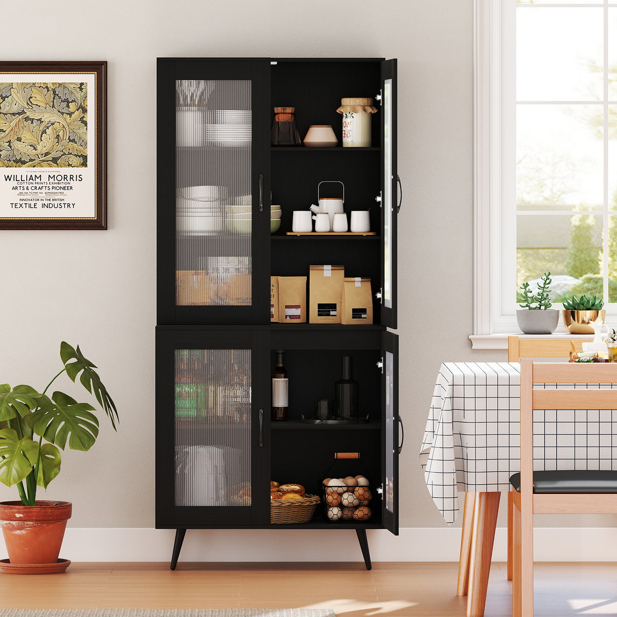 Kitchen Pantry Cabinet, 179 cm Tall Cupboard w/ 4 Transparent Doors, Adjustable Shelf