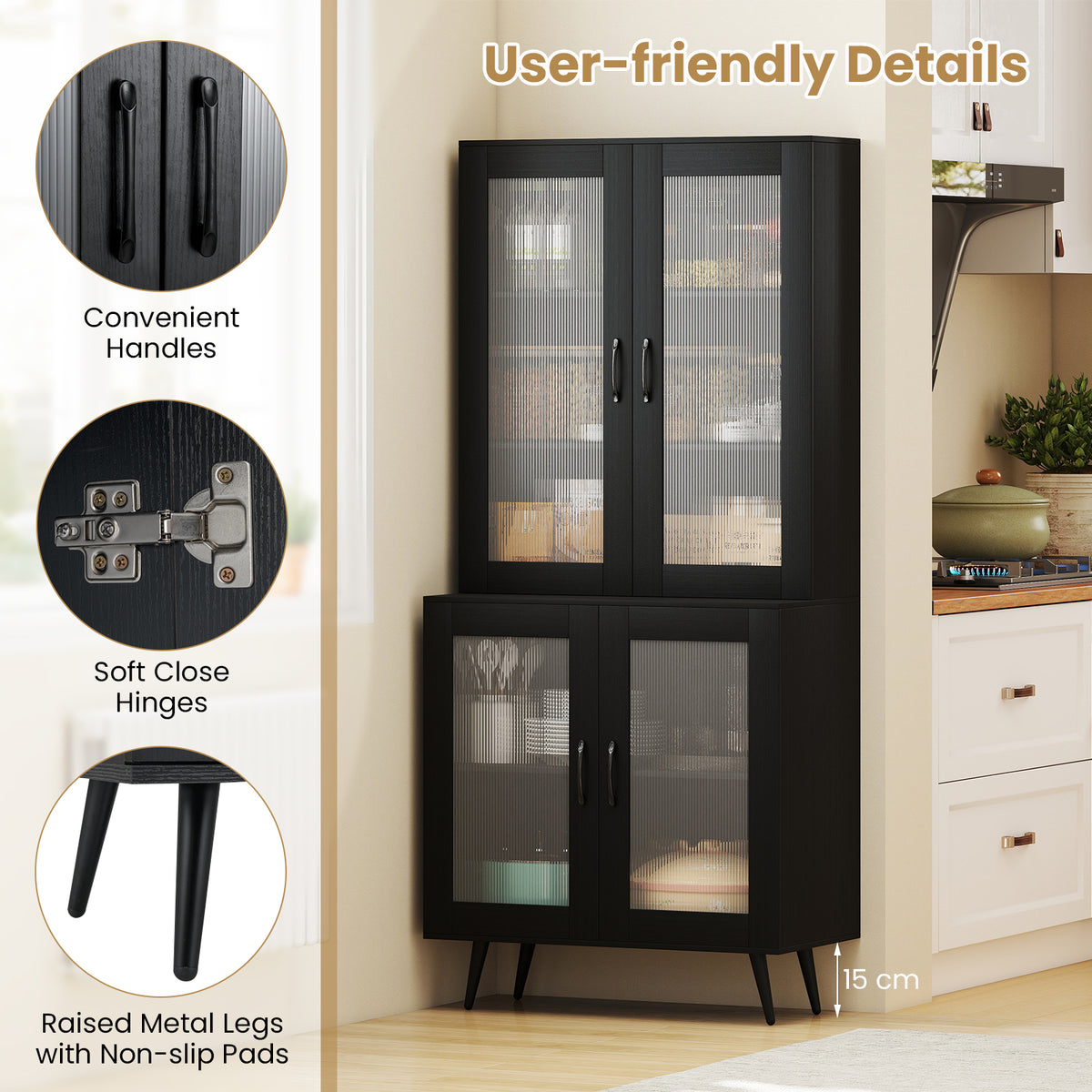 Kitchen Pantry Cabinet, 179 cm Tall Cupboard w/ 4 Transparent Doors, Adjustable Shelf