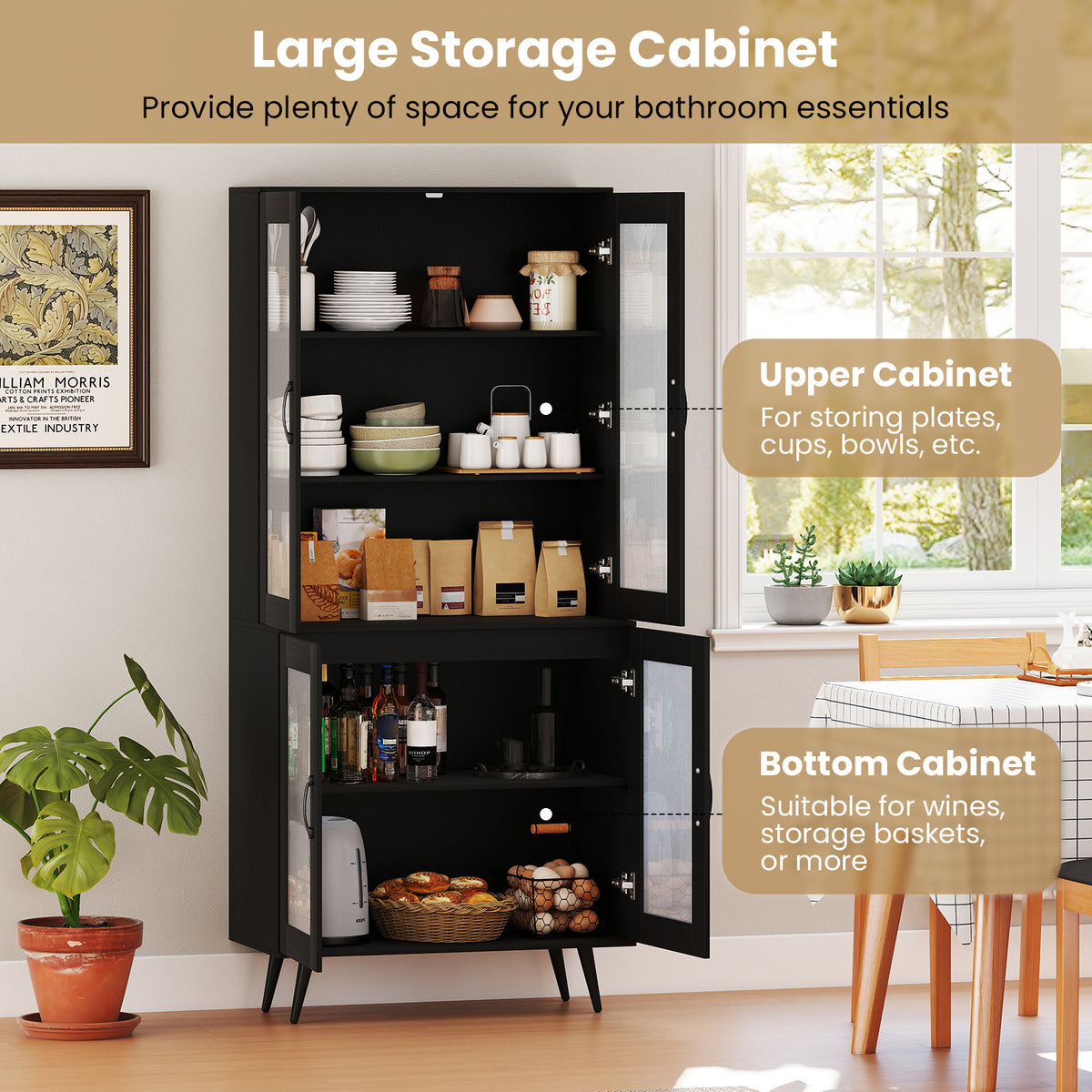 Kitchen Pantry Cabinet, 179 cm Tall Cupboard w/ 4 Transparent Doors, Adjustable Shelf