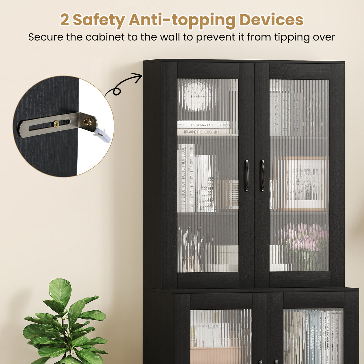 Kitchen Pantry Cabinet, 179 cm Tall Cupboard w/ 4 Transparent Doors, Adjustable Shelf