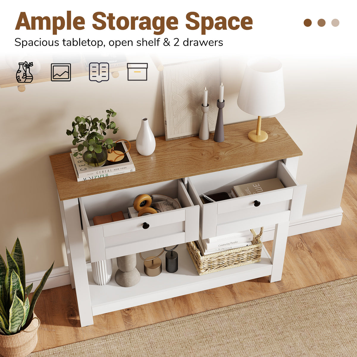Farmhouse Console Table with 2 Drawers, Long Narrow Entryway Table