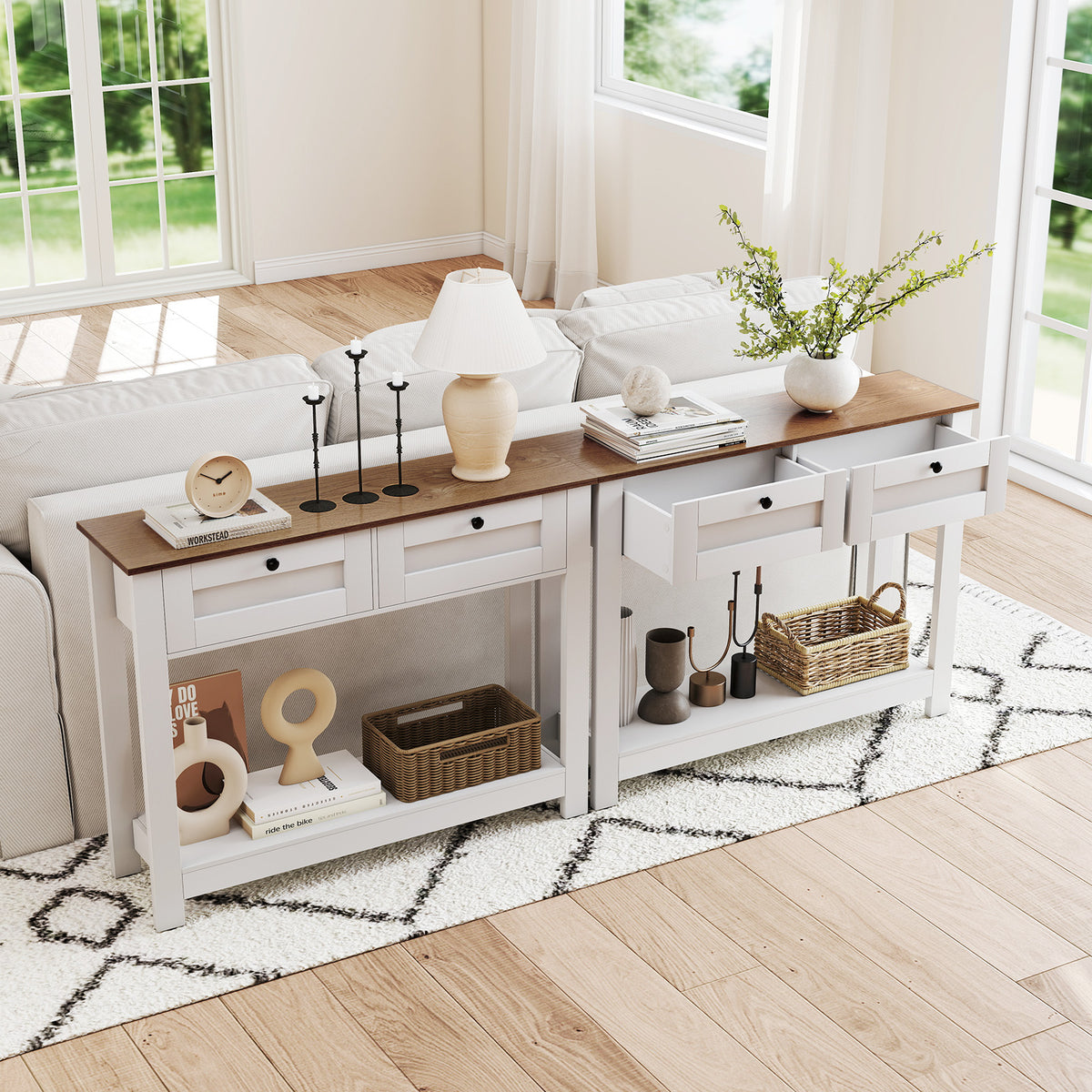 Farmhouse Console Table with 2 Drawers, Long Narrow Entryway Table