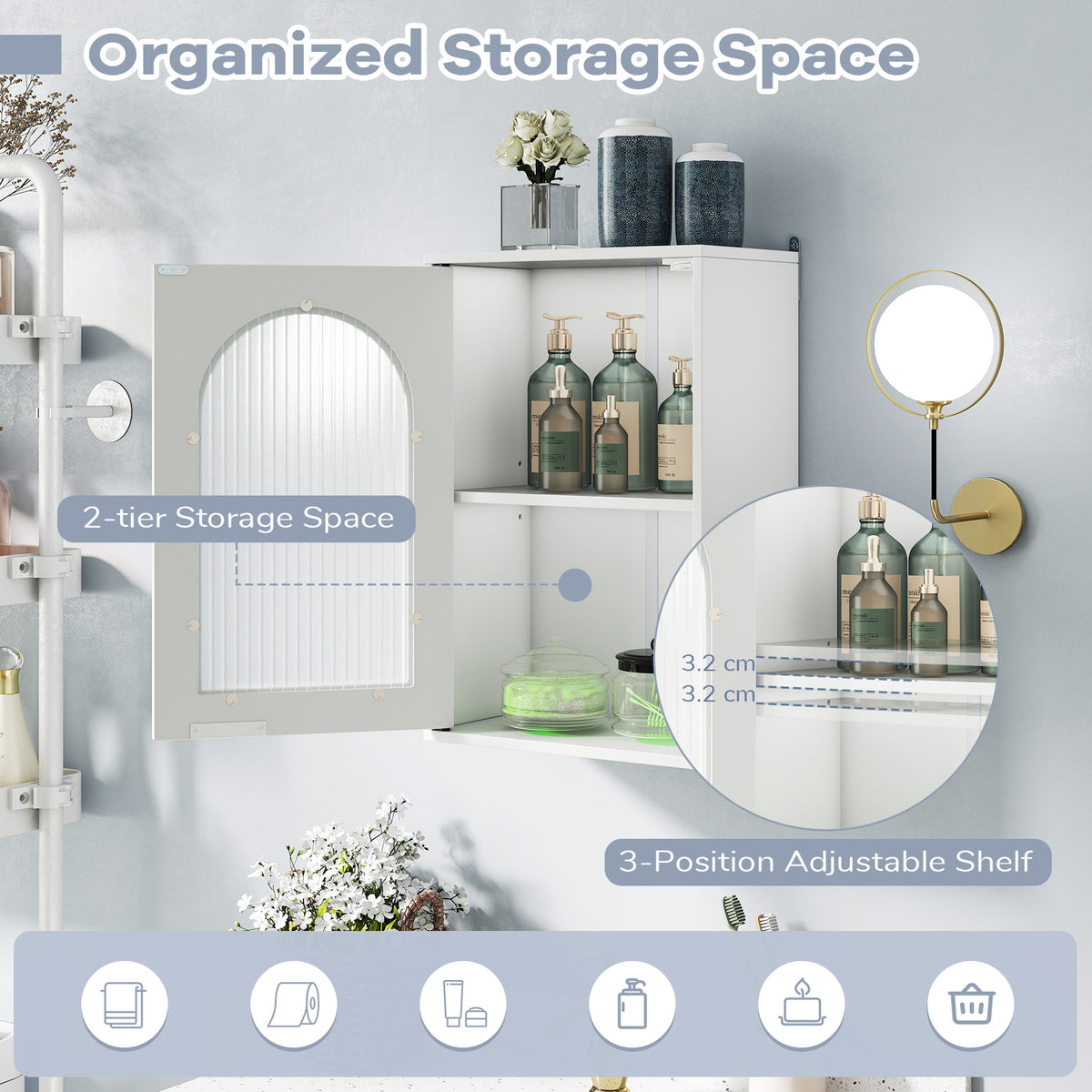 Medicine Cabinet with Tempered Glass Door & Adjustable Shelf