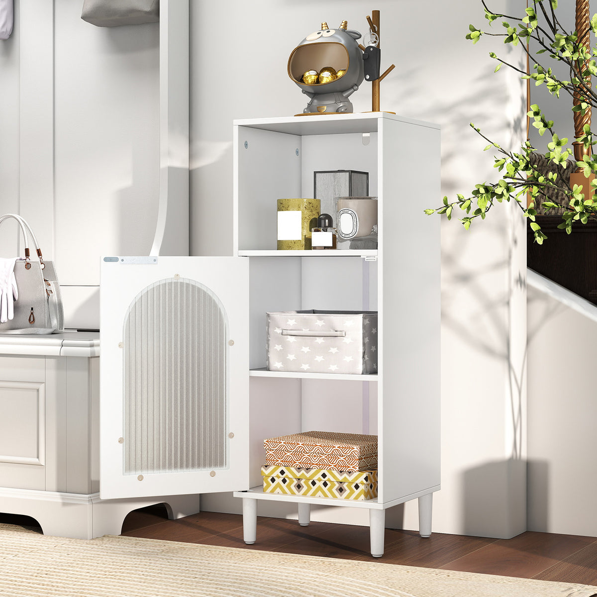 Wood Side Storage Organizer with Adjustable Shelf, Single Tempered Glass Door