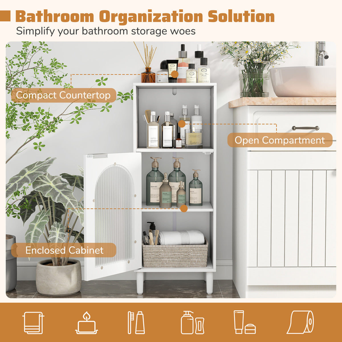 Wood Side Storage Organizer with Adjustable Shelf, Single Tempered Glass Door