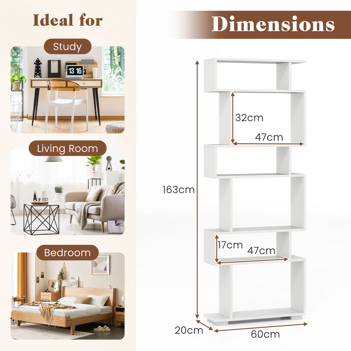 6-Tier Bookshelf, Geometric Bookcase with 2 Anti-Tipping Kits