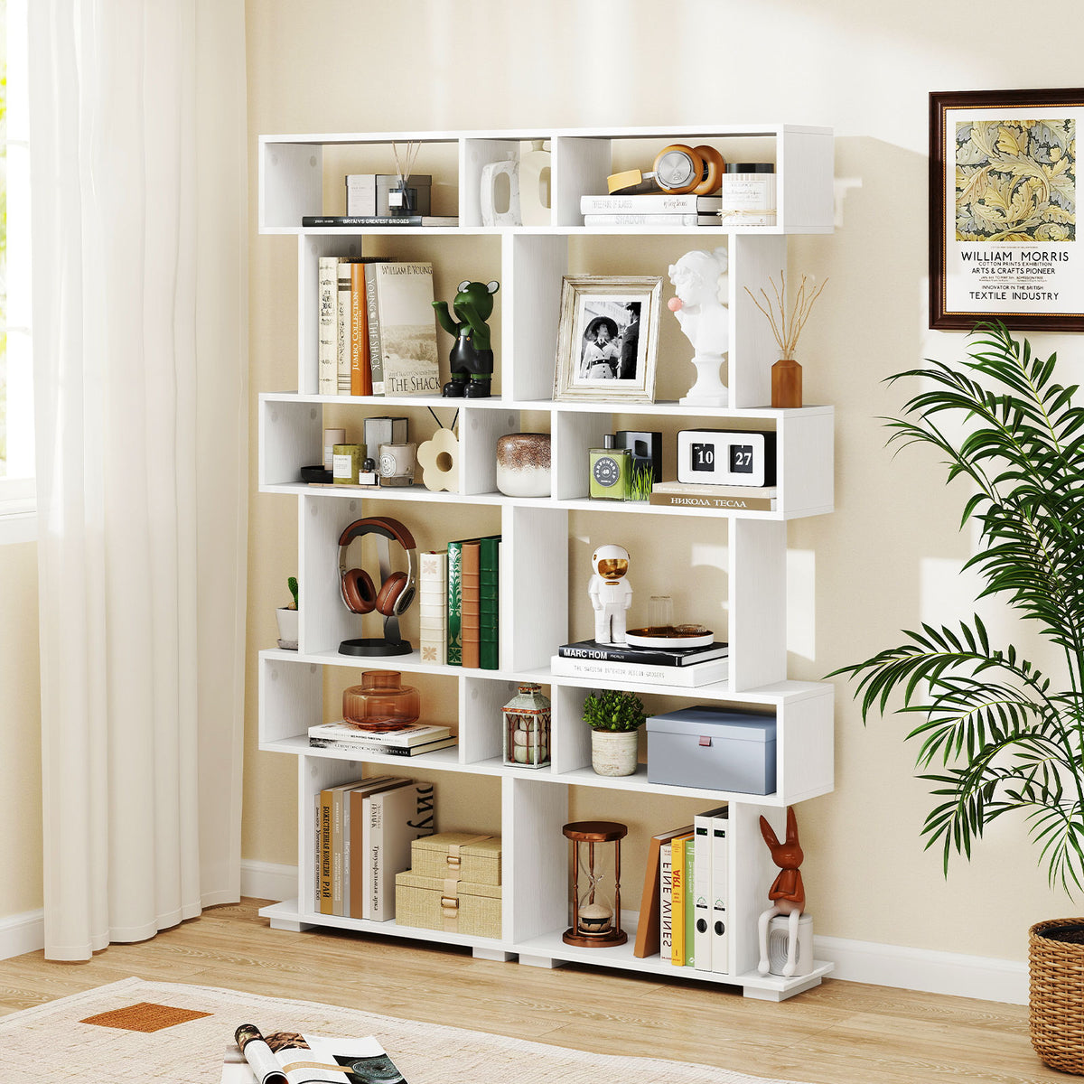 6-Tier Bookshelf, Geometric Bookcase with 2 Anti-Tipping Kits