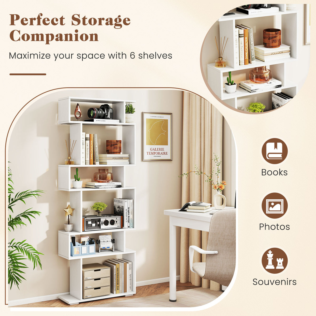 6-Tier Bookshelf, Geometric Bookcase with 2 Anti-Tipping Kits
