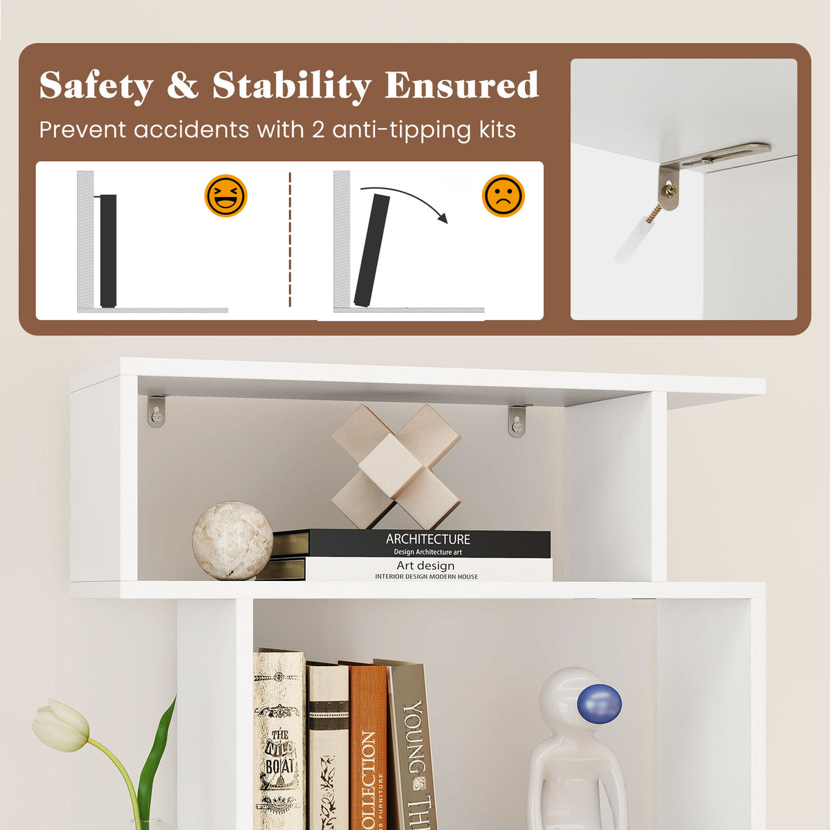 6-Tier Bookshelf, Geometric Bookcase with 2 Anti-Tipping Kits