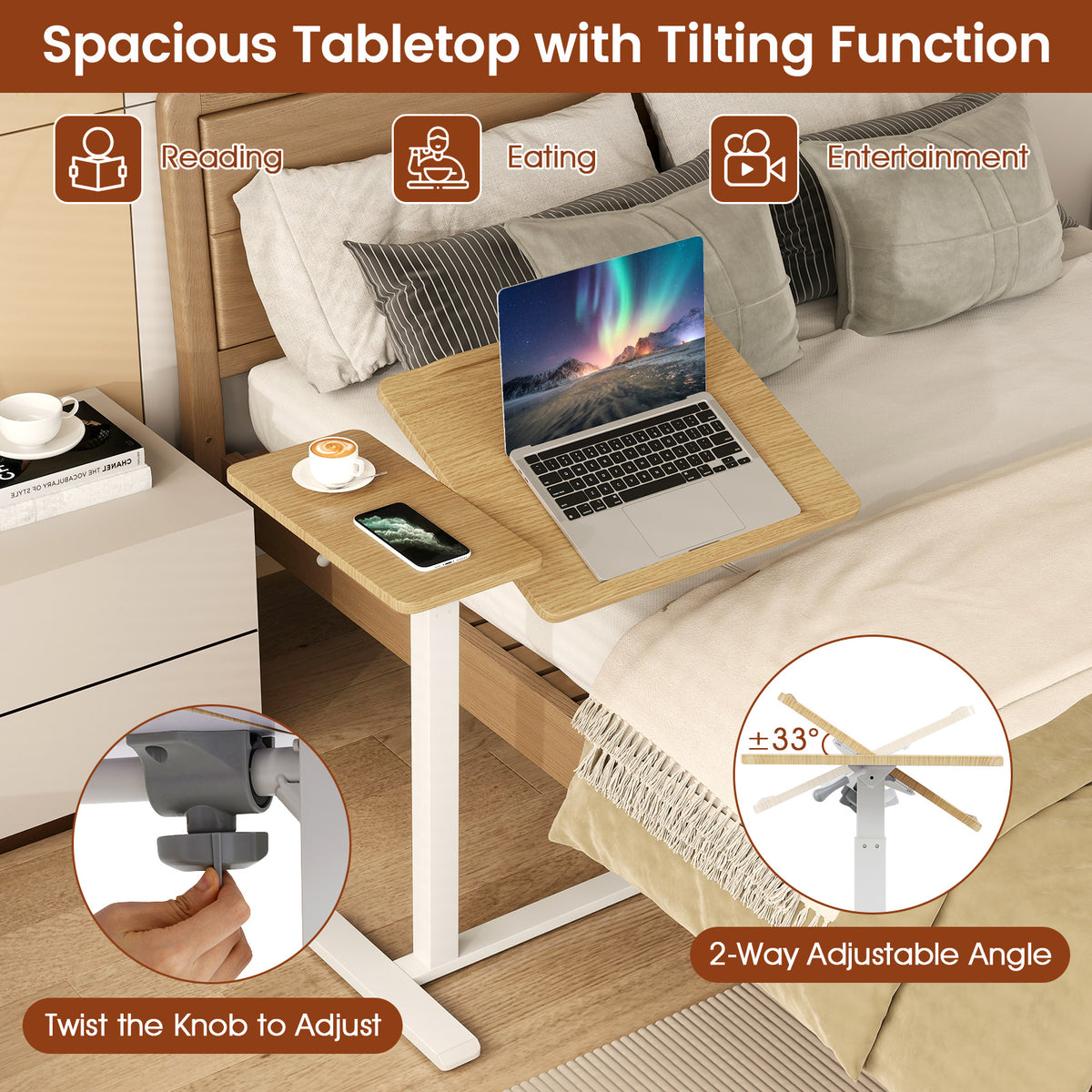 Mobile Over Bed Desk, Height Adjustable Standing Laptop Cart