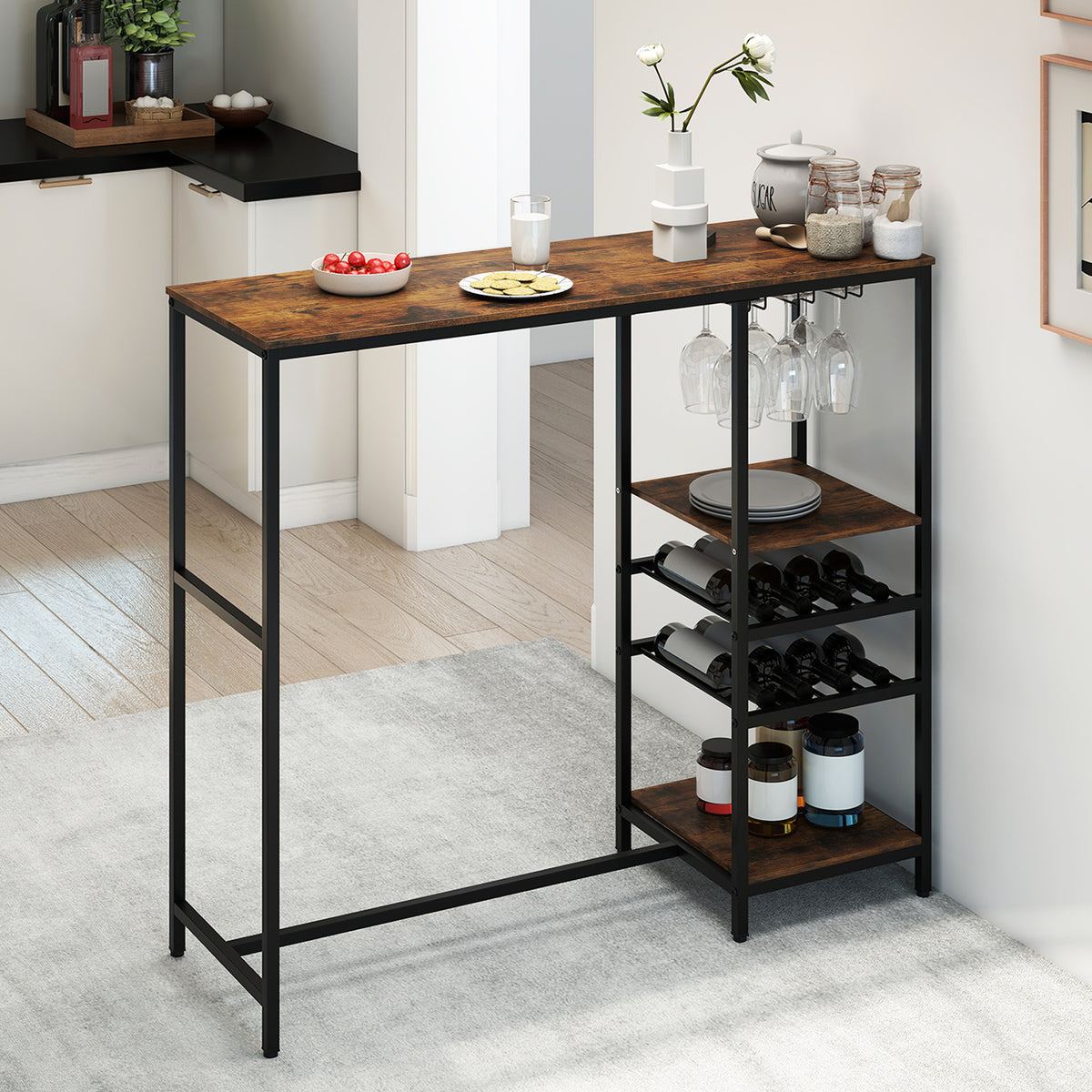 Long Bar Table, Bar Height Dining Table with Storage Shelves