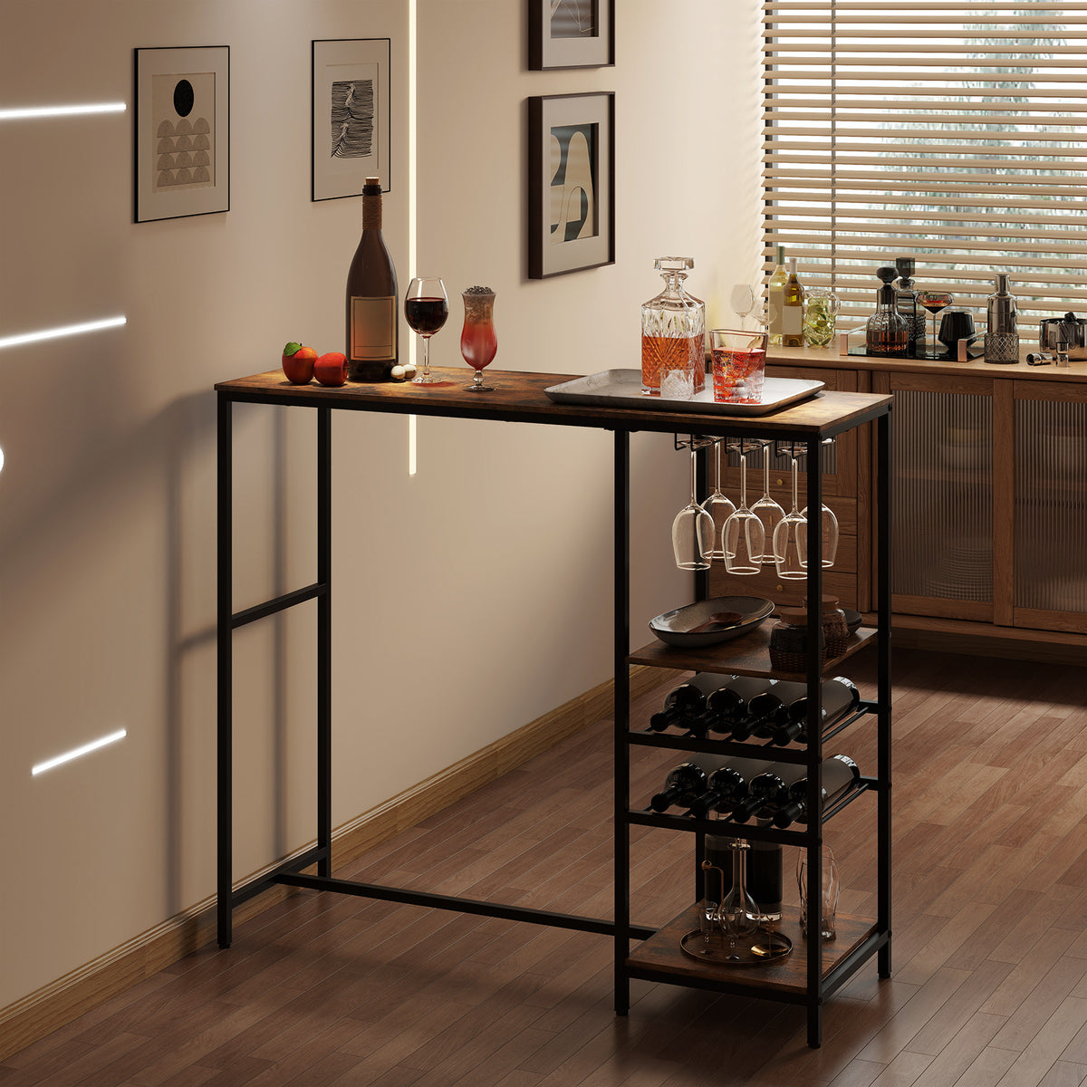 Long Bar Table, Bar Height Dining Table with Storage Shelves