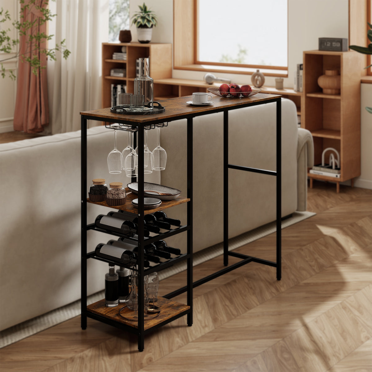 Long Bar Table, Bar Height Dining Table with Storage Shelves