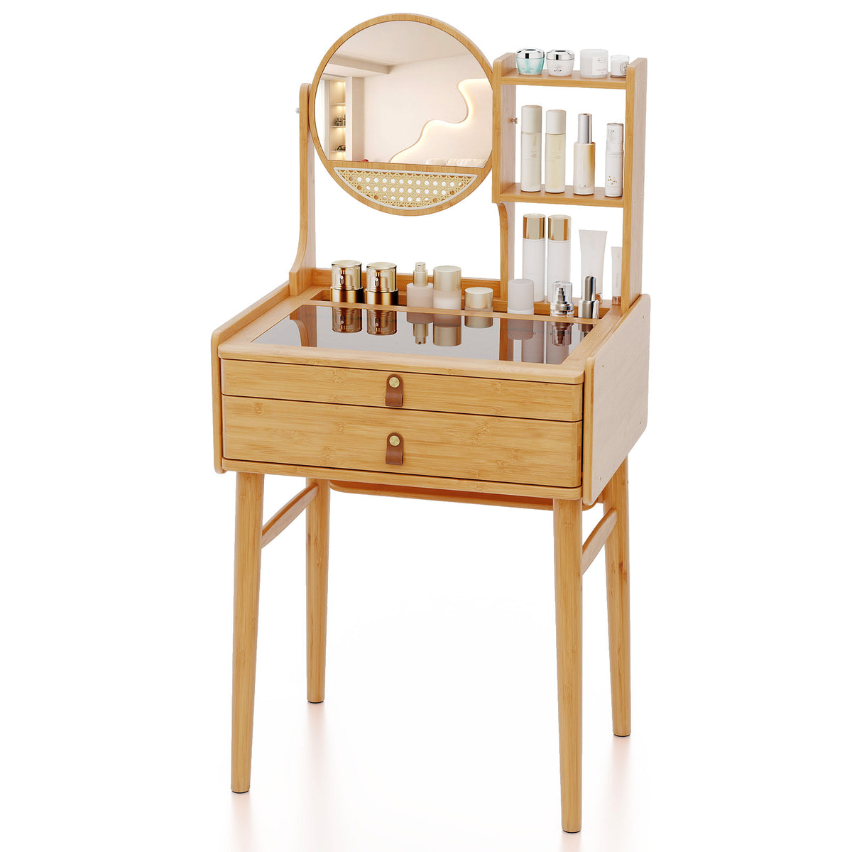 Small Vanity Desk with Mirror, Compact Makeup Table with 2 Drawers