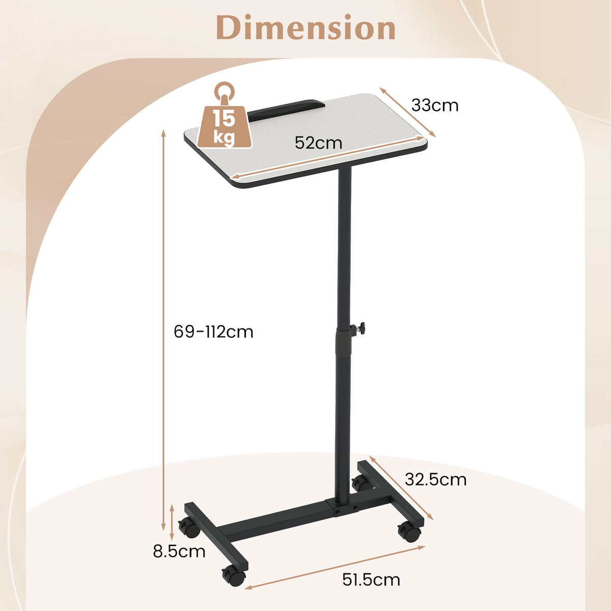 Overbed Table with Lockable Wheels, C-Shaped End Table with Tilting Top
