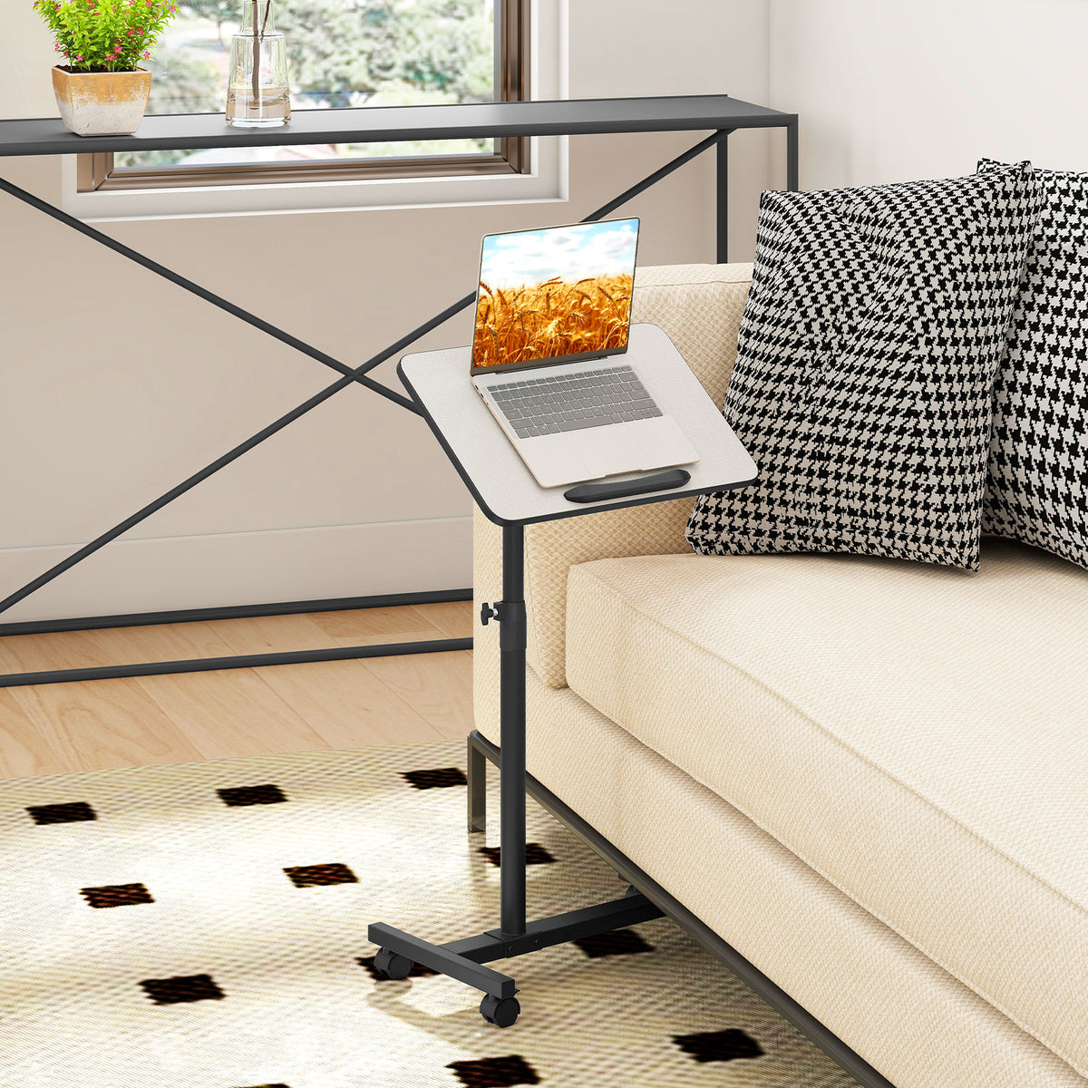 Overbed Table with Lockable Wheels, C-Shaped End Table with Tilting Top