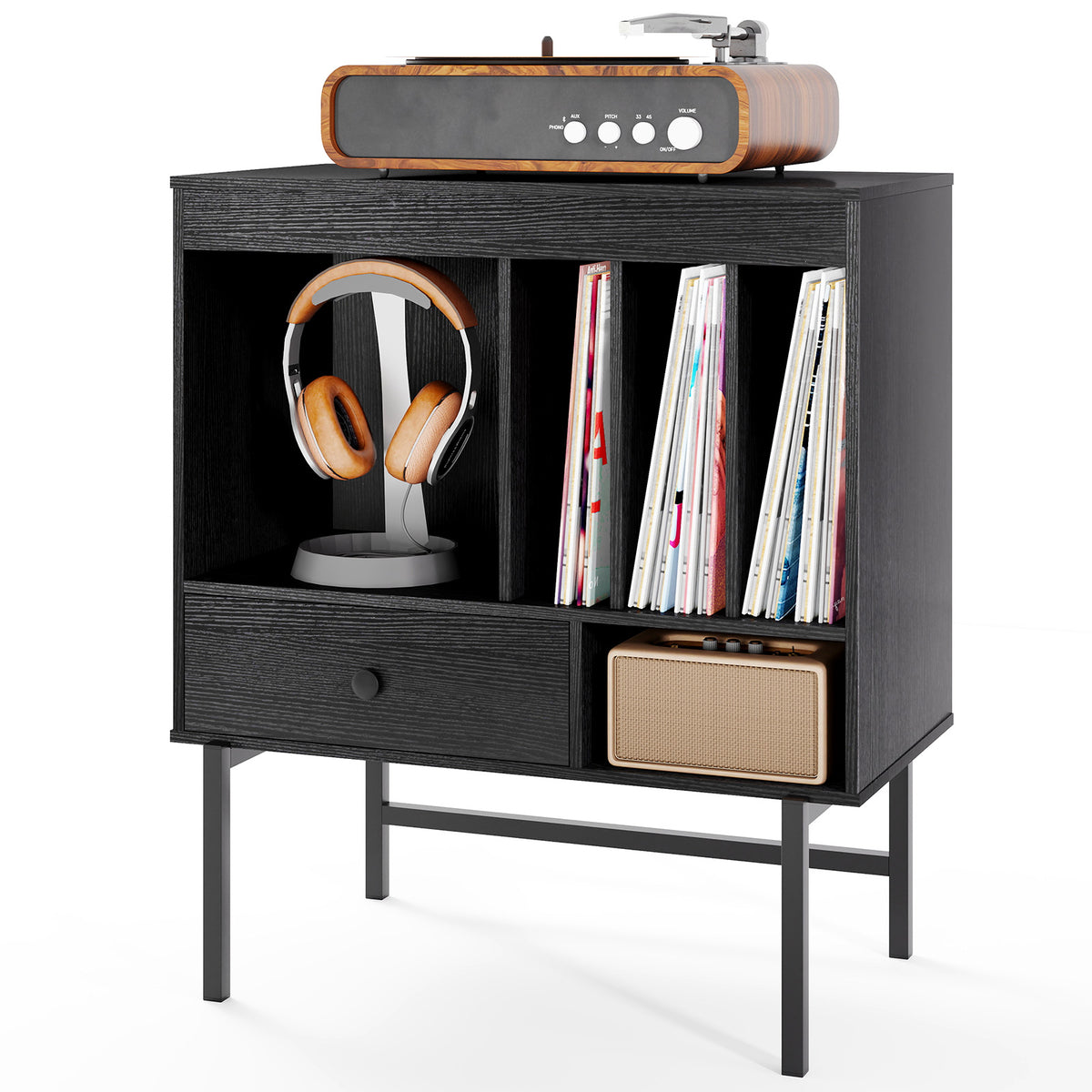 Large Record Player Stand with Open Compartments for Music Room