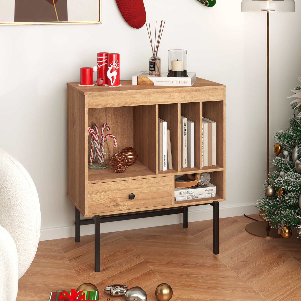 Large Record Player Stand with Open Compartments for Music Room