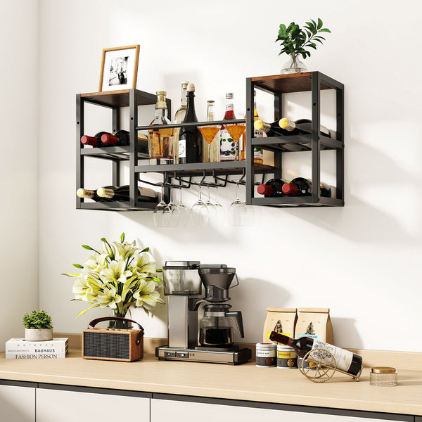 3-Tier Wall Mounted Wine Rack with Glass Holder and Open Shelves