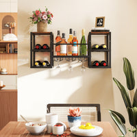 3-Tier Wall Mounted Wine Rack with Glass Holder and Open Shelves