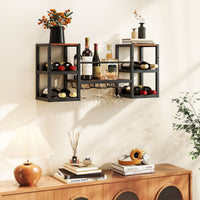 3-Tier Wall Mounted Wine Rack with Glass Holder and Open Shelves