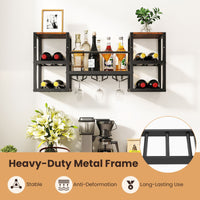 3-Tier Wall Mounted Wine Rack with Glass Holder and Open Shelves