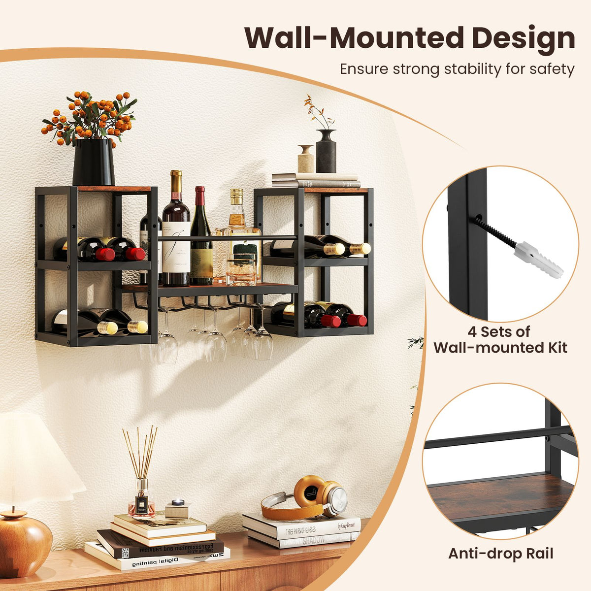 3-Tier Wall Mounted Wine Rack with Glass Holder and Open Shelves