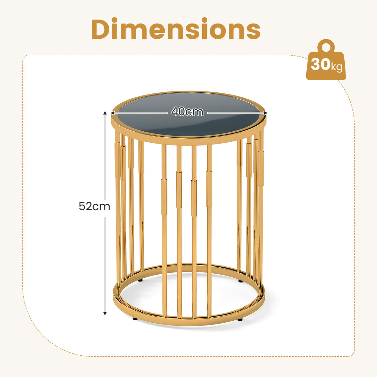 Glass Coffee Table, 40cm Round Side Table with Gold Metal Frame