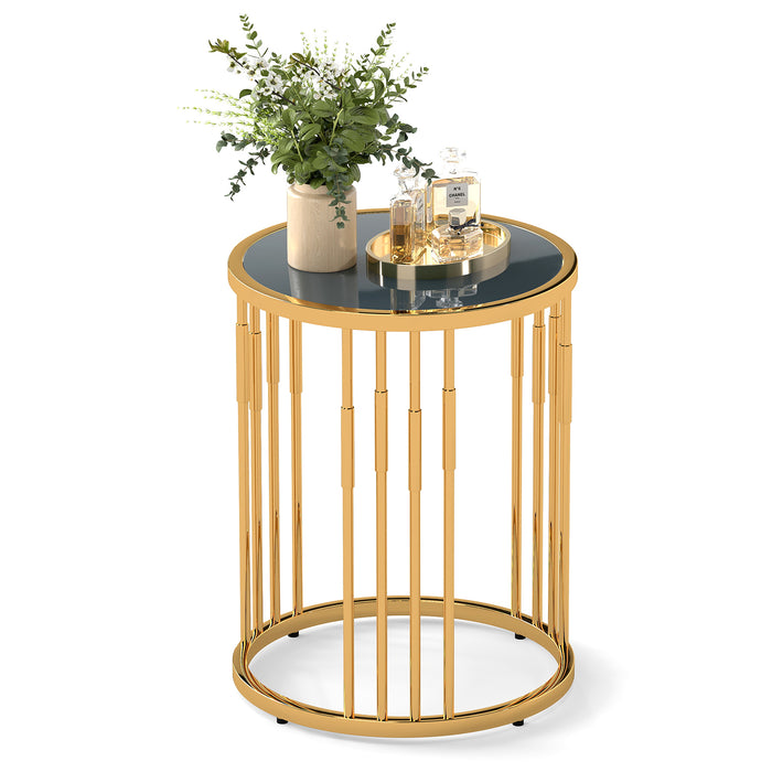 Glass Coffee Table, 40cm Round Side Table with Gold Metal Frame