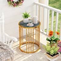 Glass Coffee Table, 40cm Round Side Table with Gold Metal Frame