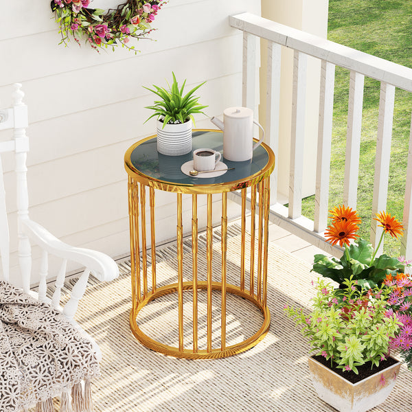 Glass Coffee Table, 40cm Round Side Table with Gold Metal Frame