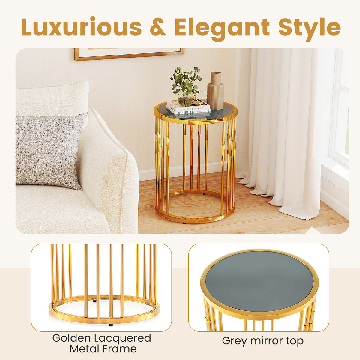 Glass Coffee Table, 40cm Round Side Table with Gold Metal Frame
