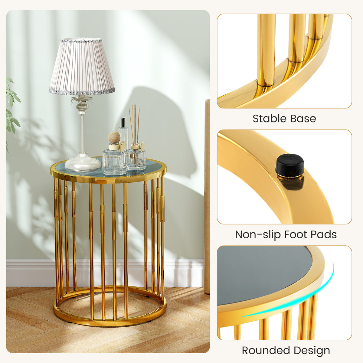 Glass Coffee Table, 40cm Round Side Table with Gold Metal Frame