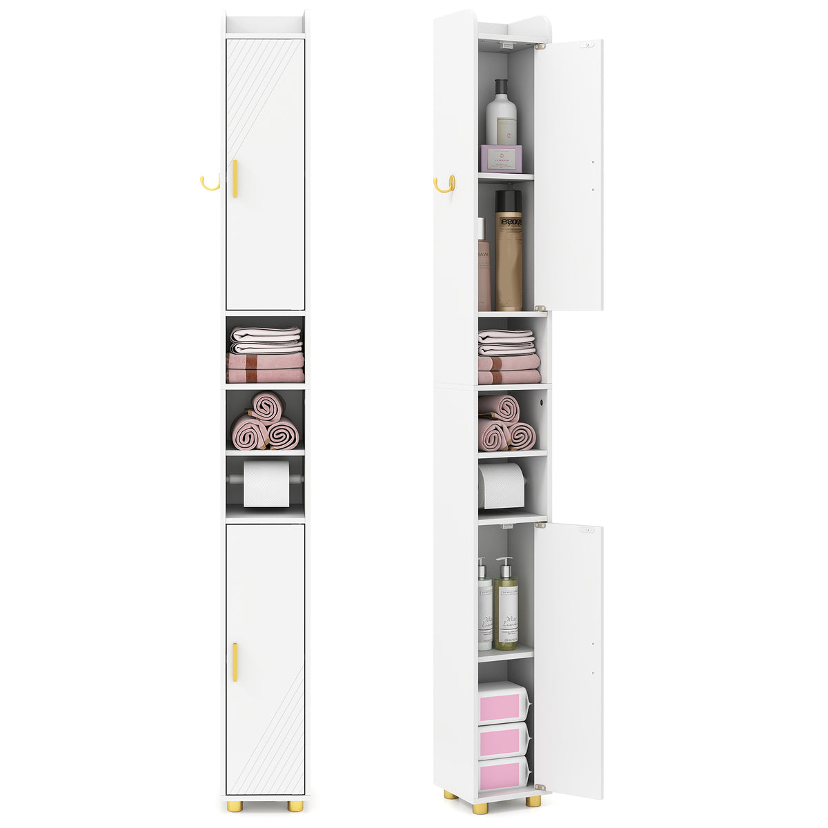 181 cm Tall Bathroom Cabinet, Narrow Storage Organizer w/ 3 Doors & Adjustable Shelves