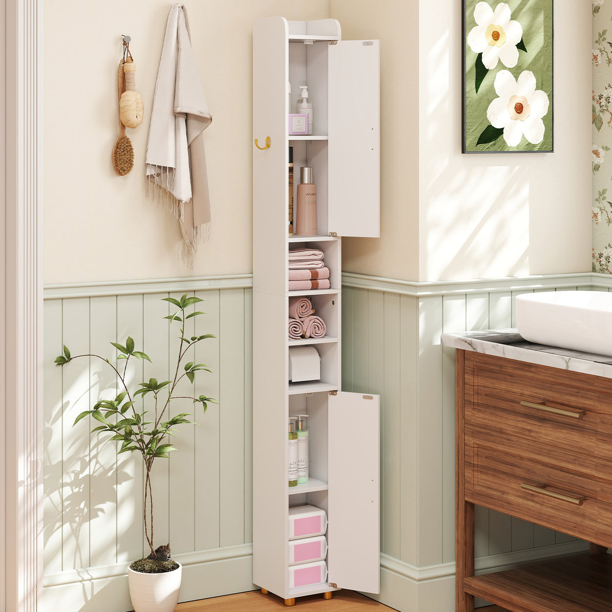 181 cm Tall Bathroom Cabinet, Narrow Storage Organizer w/ 3 Doors & Adjustable Shelves