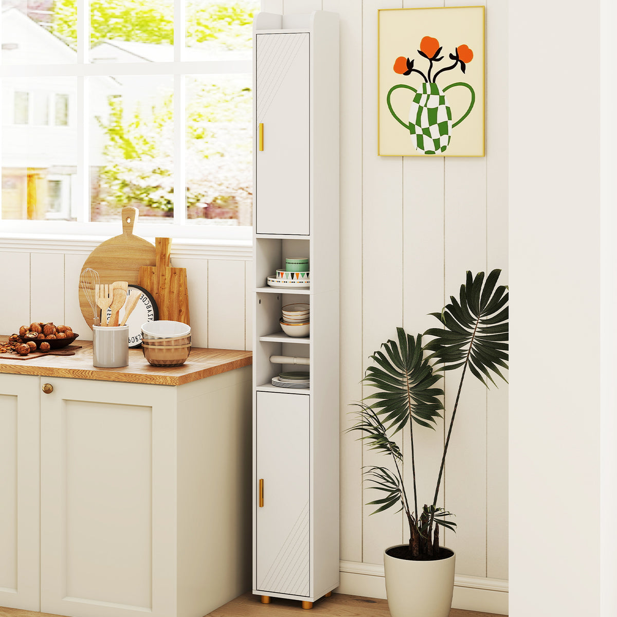 181 cm Tall Bathroom Cabinet, Narrow Storage Organizer w/ 3 Doors & Adjustable Shelves