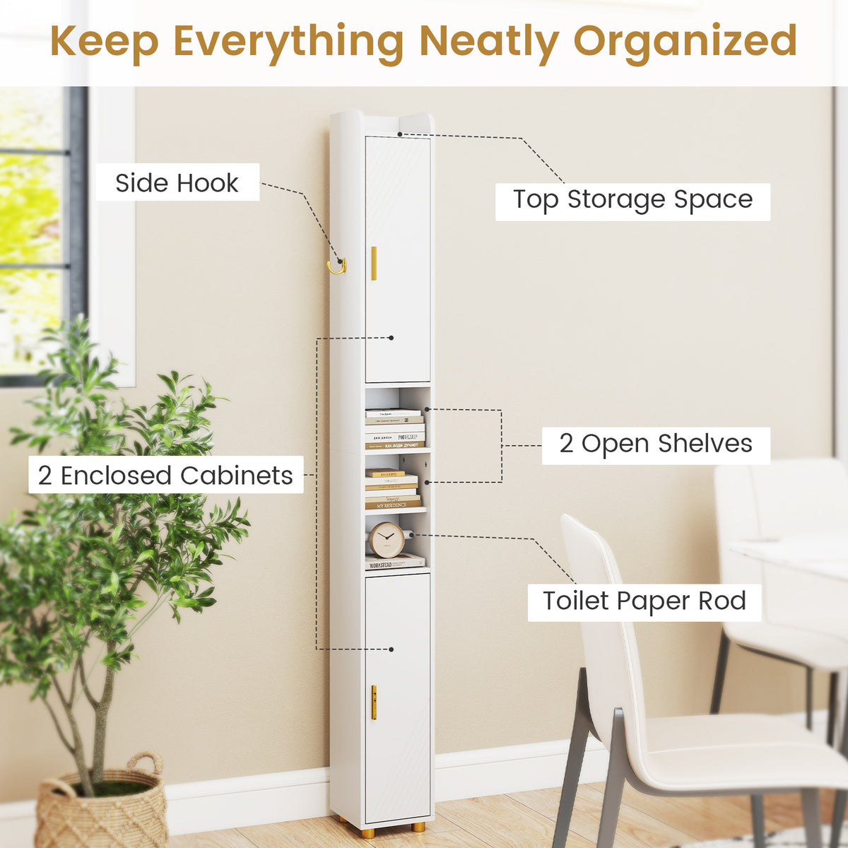 181 cm Tall Bathroom Cabinet, Narrow Storage Organizer w/ 3 Doors & Adjustable Shelves