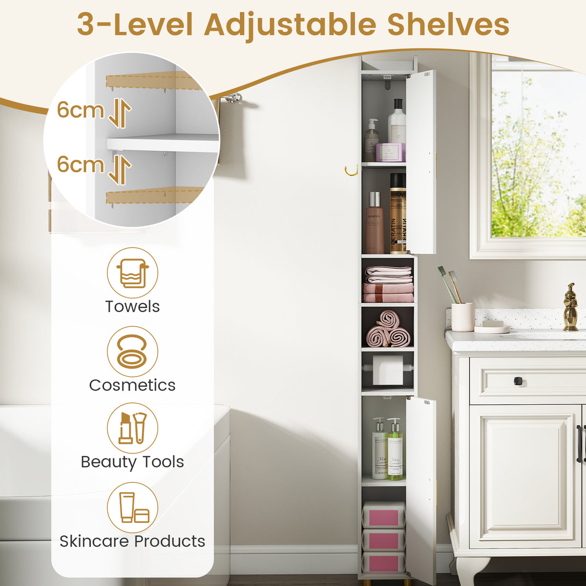 181 cm Tall Bathroom Cabinet, Narrow Storage Organizer w/ 3 Doors & Adjustable Shelves