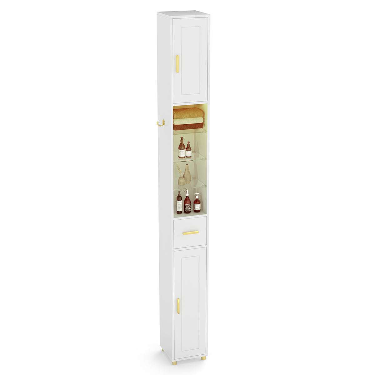181 cm Tall Bathroom Cabinet, Narrow Storage Organizer w/ 3 Doors & Adjustable Shelves