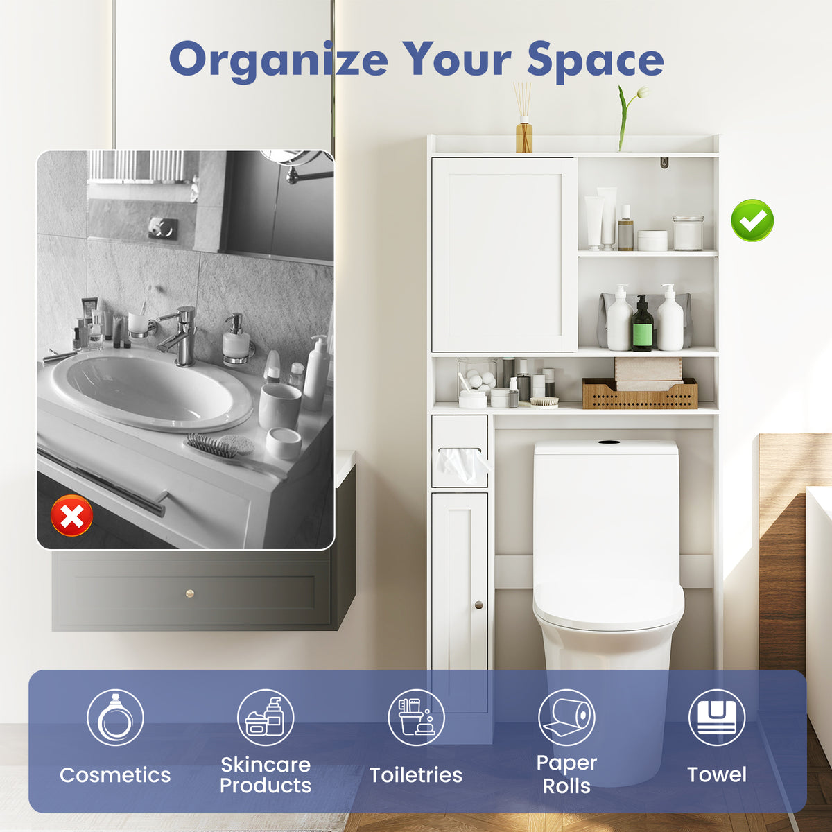 Over the Toilet Cabinet, Space-saving Bathroom Storage Organizer with Sliding Door