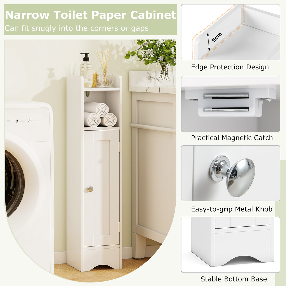 Bathroom Storage Cabinet with Door, Toilet Paper Holder Stand