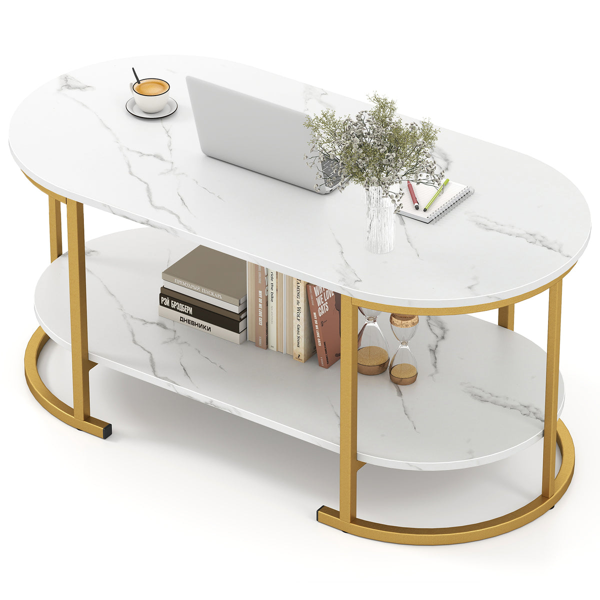 Giantex Faux Marble Coffee Table, Modern 2-Tier Center Table with Open Shelf
