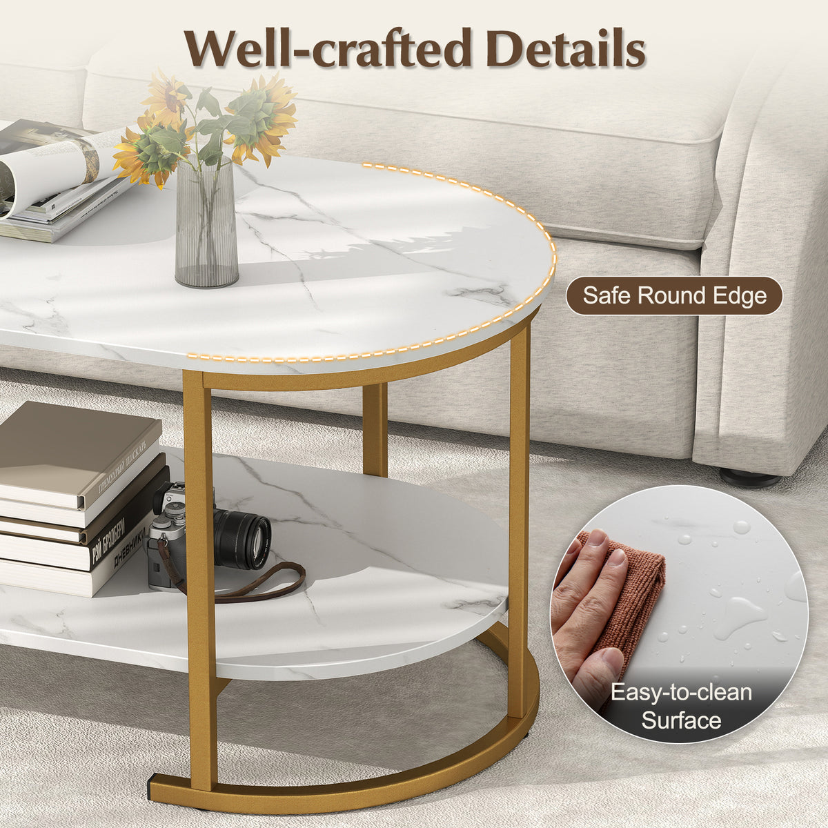 Giantex Faux Marble Coffee Table, Modern 2-Tier Center Table with Open Shelf