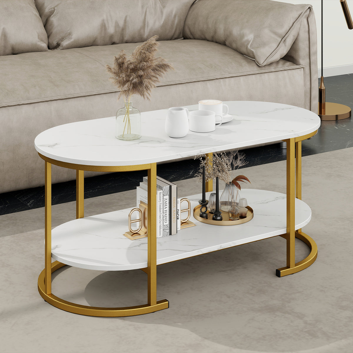 Giantex Faux Marble Coffee Table, Modern 2-Tier Center Table with Open Shelf
