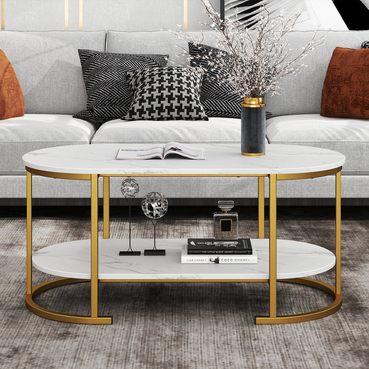 Giantex Faux Marble Coffee Table, Modern 2-Tier Center Table with Open Shelf