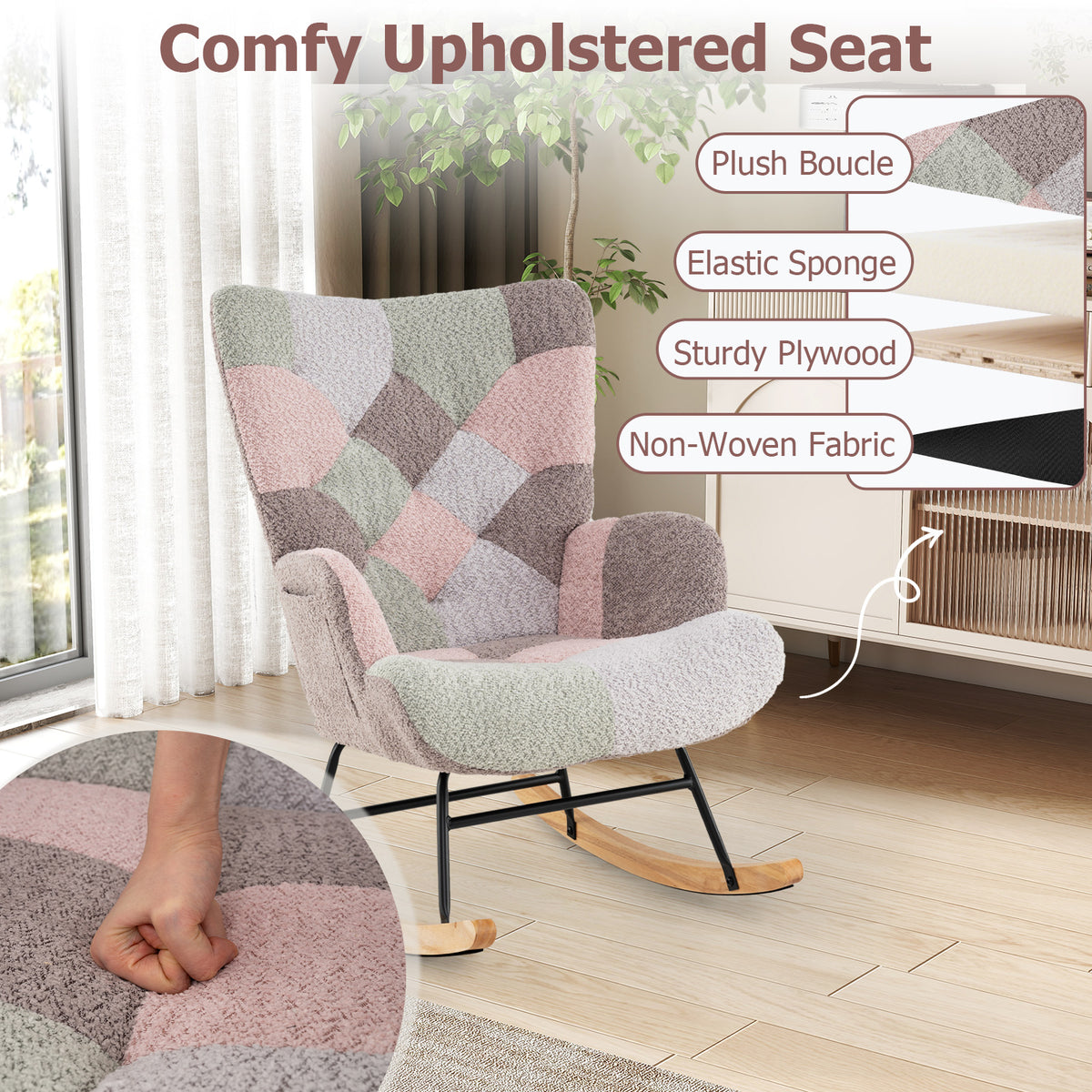 Nursery Rocking Chair Upholstered Boucle Fabric Nursing Armchair