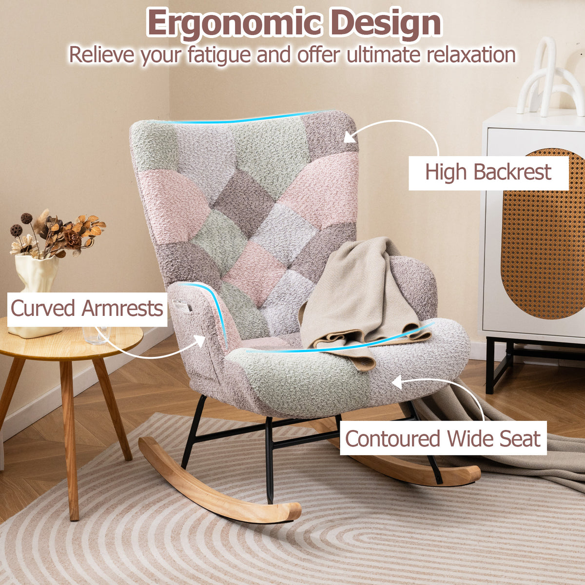 Nursery Rocking Chair Upholstered Boucle Fabric Nursing Armchair